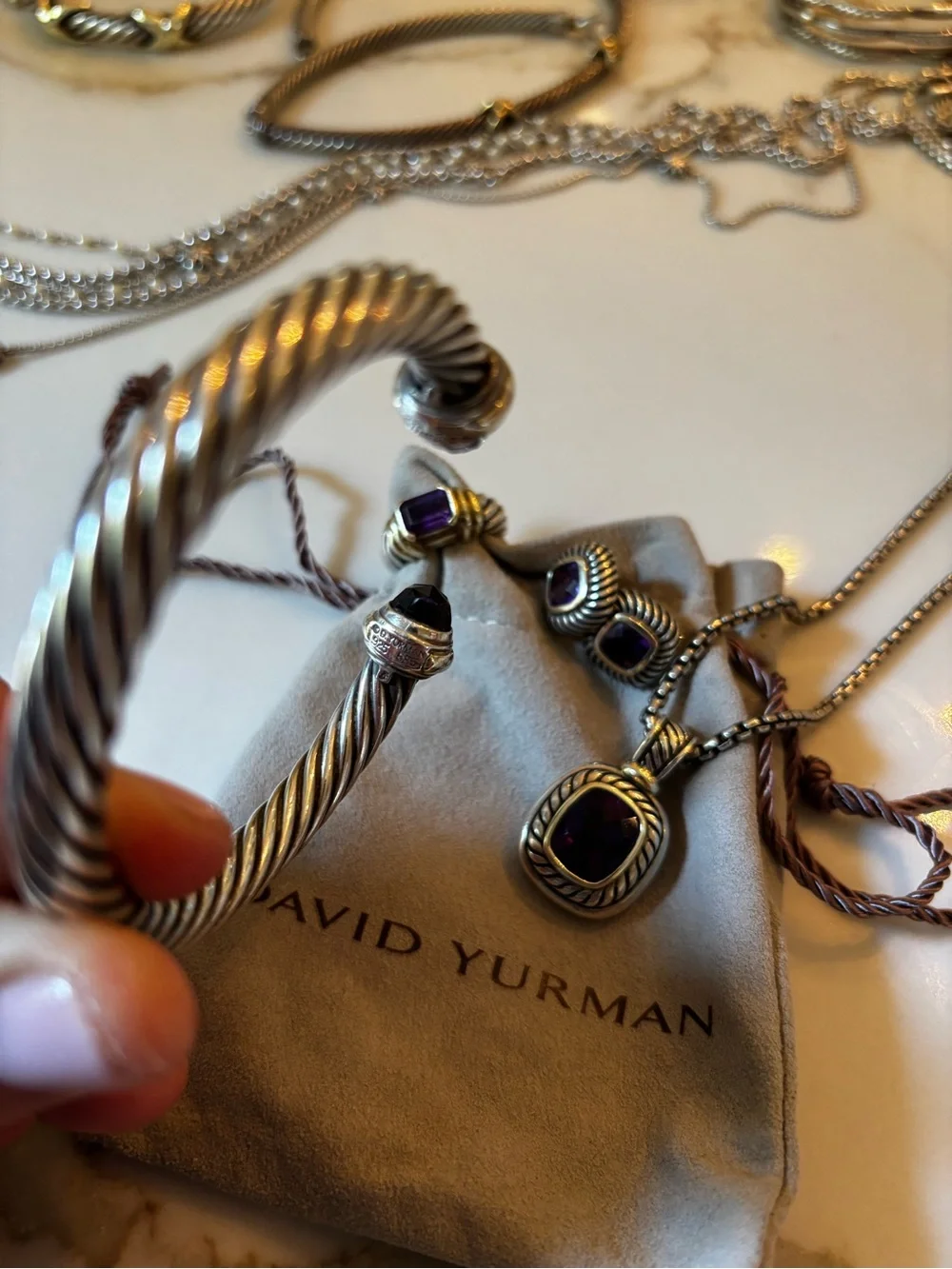 David Yurman Sterling Cable Cuff with Purple Terminals and Gold Accents